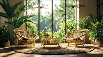 Tropical resort lobby with open-air design, ceiling fans, and rattan furniture overlooking garden entrance