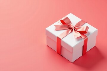 Obraz premium Elegant white gift box with satin ribbon bow, coral background , backdrop, minimalist