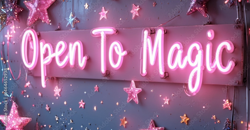 Aufkleber bright pink neon sign displays open to magic. stars sparkle around it. background is dark purple, cr