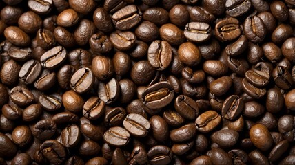 Fototapeta premium Overhead view of backdrop representing halves of dark brown coffee beans with pleasant scent.