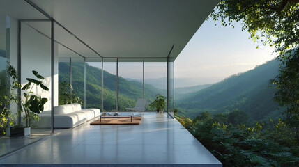 Fototapeta premium Futuristic house with large glass windows, minimalistic white walls, lush garden view, high resolution