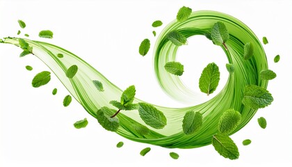 green air swirl effect with flying mint leaves isolated on a transparent or white background
