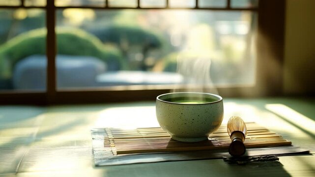 和室で静かに湯気を立てる抹茶と茶筅のある風景