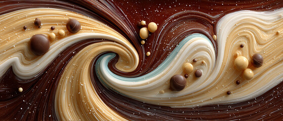 Swirling abstract image of mixed dark and light colors with candies in the mix