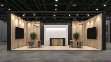 Modern exhibition booth design with wood paneling and screens