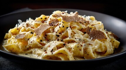 A luxurious truffle pasta with fresh fettuccine, creamy truffle sauce, and shaved black truffles, garnished with Parmesan cheese and fresh parsley.	