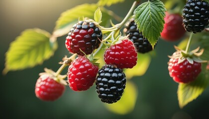 close up of a branch of ripe blackberries and raspberries