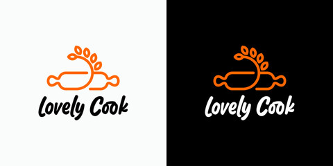 Vector logo design combination of rolling pin and wheat seed shape with modern, simple, clean and abstract style. Icon for business, food and beverage, cooking and personal branding.