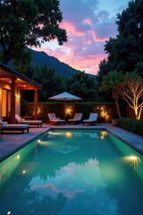 Serene evening poolside, inviting patio ambiance, resort style, lights, dark