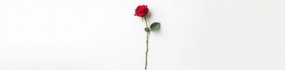 Single red rose stem, stark white background Elegant simplicity , vibrant, white