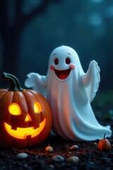 Smiling ghost, carved pumpkin glows, Halloween scene, bright, spooky season, shadows