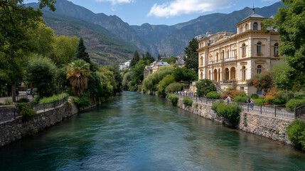Naklejka premium Tranquil river flowing through a charming town, with buildings, trees, and mountains visible