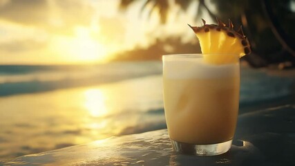 Glass of yellow drink with a green pineapple on top, sitting on a table by the ocean, evoking a sense of relaxation and leisure.