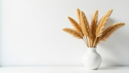 Tall pampas grass in simple vase against white wall , boho, stylish, plant