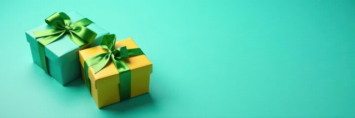 Obraz premium Two craft-wrapped gift boxes tied with green satin ribbon on turquoise background , green, holiday