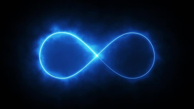Abstract glowing neon background of blue neon line forming an infinity symbol on black. Vibrant neon light with smoke, fog, and haze. Infinity neon sign, futuristic LED light, and laser line. 4k loop.