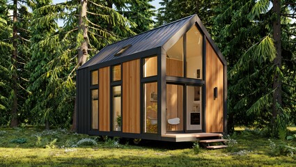 A Modern Tiny House Nestled Among Tall Green Pine Trees in a Lush Forest Setting, Showcasing Sustainable Design and Minimalist Living Spaces