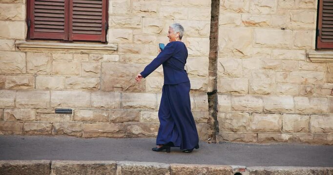 Smile, woman and dancing with earpods in city for listening to music, streaming audio and travel fun. Mature person, rhythm and moving with energy for playlist, morning commute and freedom of journey
