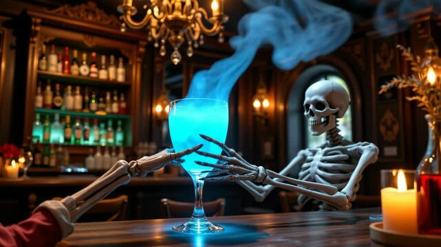 A skeleton sits at a candlelit bar, reaching for a glowing blue drink that emits swirling smoke, creating a surreal and eerie scene.