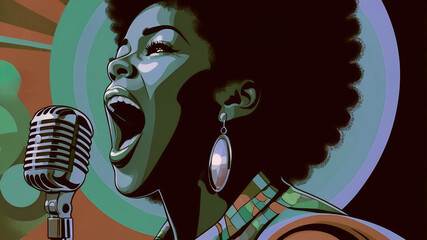 a  soul diva sings with  60s 70s tinted colours -abstract inspired background
