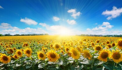 sunflower field under bright blue sky with sun rays summer harvest and agriculture concept image for poster banner greeting card and social media post with copy space