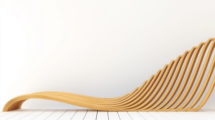 Podium stage motivation. Modern wooden lounge chair with a sculptural, wave-like design in a minimalist room.