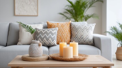 Cozy living room with neutral decor, candles, and vibrant cushions creating a warm atmosphere.