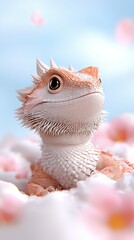 Obraz premium Bearded Dragon in Pink Blossoms and Clouds