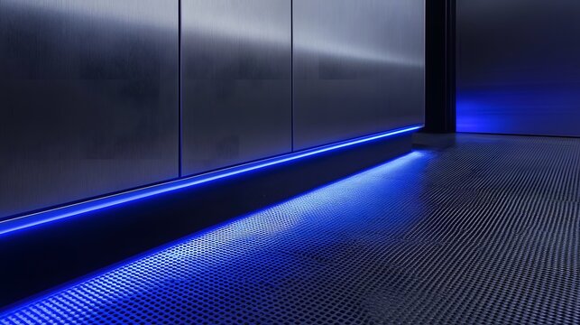 Modern interior design with blue accent lighting.