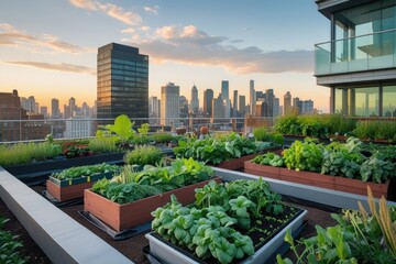 Fototapeta premium Rooftop Garden on Modern Building with Golden Hour Skyline