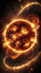 Fototapeta premium A breathtaking, high-resolution image of the sun with intense solar activity, featuring dramatic solar flares and swirling plasma loops