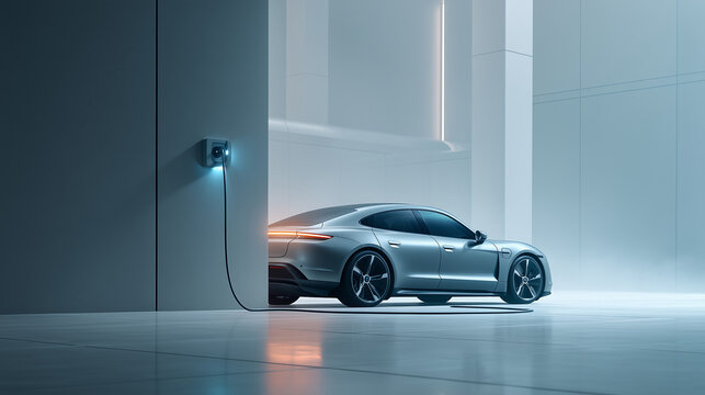 carro el&eacute;trico sendo carregado em esta&ccedil;&atilde;o futurista, destacando inova&ccedil;&atilde;o, tecnologia sustent&aacute;vel e mobilidade urbana moderna. Ideal para temas de energia limpa e futuro automotivo