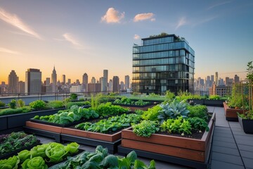 Fototapeta premium Serene Rooftop Garden on Modern City Building with Sunset Skyline