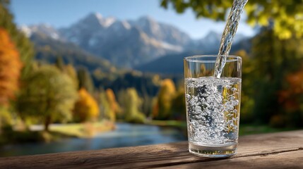 Water poured into glass, mountain view
