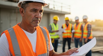 Construction Site Supervisor Overseeing Team of Workers During Sunset: A Dedicated Leader in Safety Gear Managing Project Progress and Collaboration