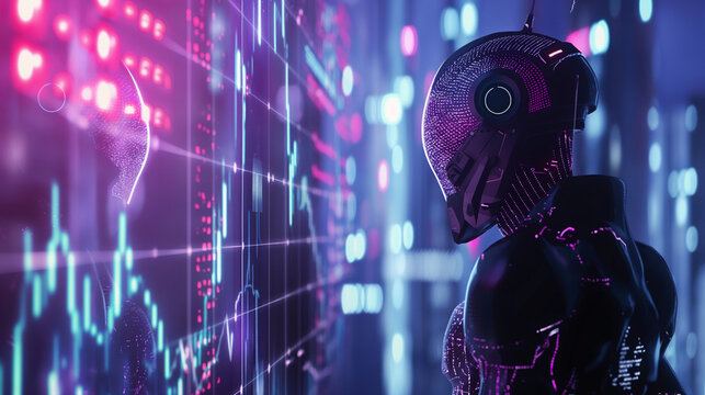 Futuristic humanoid robot analyzing financial data on AI-powered investment screen