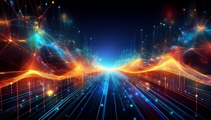 this captivating abstract image features a network of illuminated nodes and energy flowing through space symbolizing connection and technology in a vibrant digital design