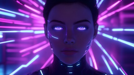 Digitally rendered portrait of a futuristic woman.