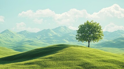 Fototapeta premium Picturesque landscape with solitary tree on rolling hills.