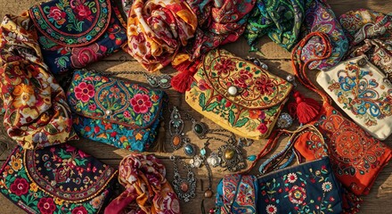 Vibrant Collection of Handcrafted Bags and Accessories Displayed on a Rustic Surface with Rich Patterns and Textures