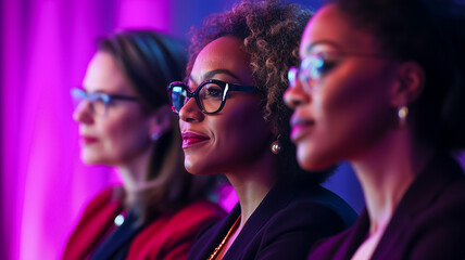 Three professional women listening intently during a conference event
