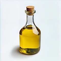 A glass bottle filled with golden olive oil, topped with a cork stopper.