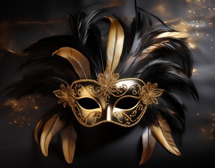 extravagant black and gold masquerade mask with baroque patterns and dramatic feathers exuding elegance and mystery