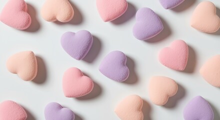 Obraz premium A Colorful Arrangement of Heart-Shaped Macarons in Soft Pastel Shades of Pink and Purple, Perfect for Celebrations or Sweet Occasions