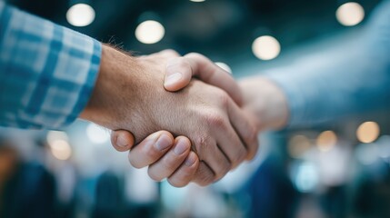 Close-Up Photograph of Two Hands Shaking in a Blurred Background with Shallow Depth of Field Capturing a Professional Agreement Moment