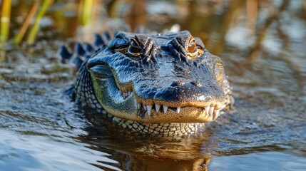 Fototapeta premium American alligator swimming, close-up, apex predator in its natural environment