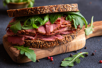 Pastrami sandwitch, sliced pastrami meat with bread