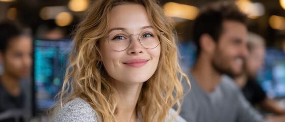 Fototapeta premium Woman with glasses smiling in a professional setting