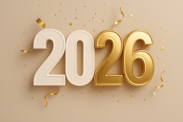 A Festive Representation of the Year 2026 Featuring Shiny Gold and White Numbers Against a Beige Background with Celebration Confetti