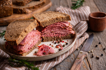 Pastrami sandwitch, sliced pastrami meat with bread